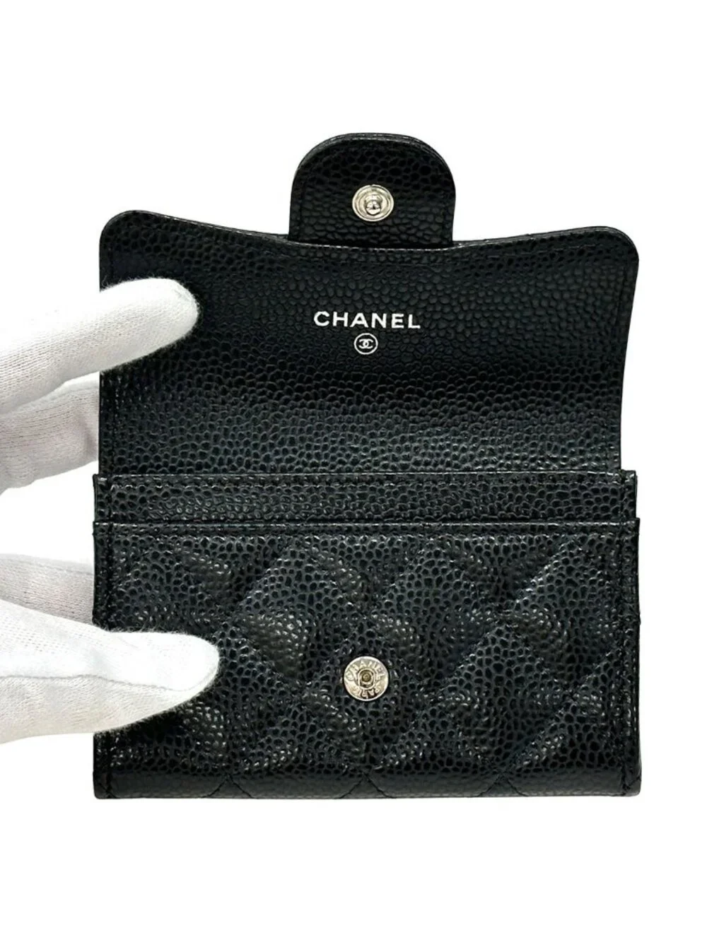 Chanel Card Case Quilted Caviar Leather Black Silver Business Holder Compact